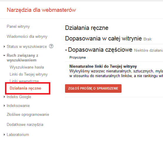 Działania ręczne w Narzędziach dla Webmasterów